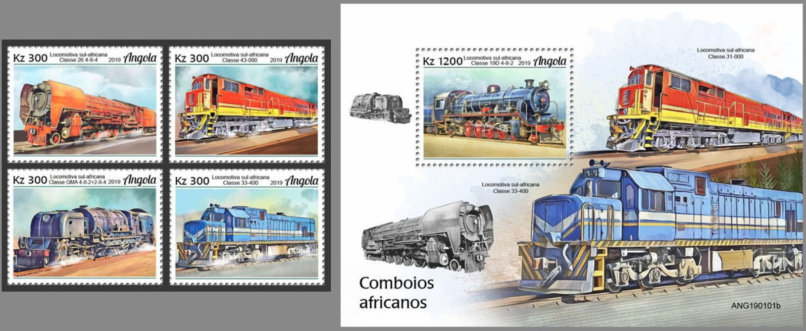 Stamps of Angola 2019 Beyer-Garratt locomotive set and souvenir sheet